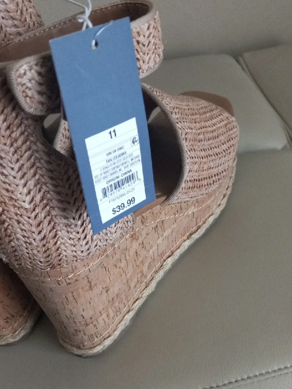 Universal Thread Tan Braided Espadrille Wedge Sandals with Ankle Buckle Size 11